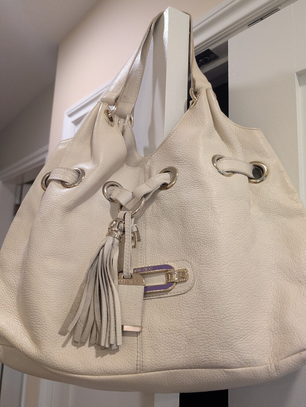 Jimmy Choo Pebble Leather Shoulder Bag,Bone Colored.